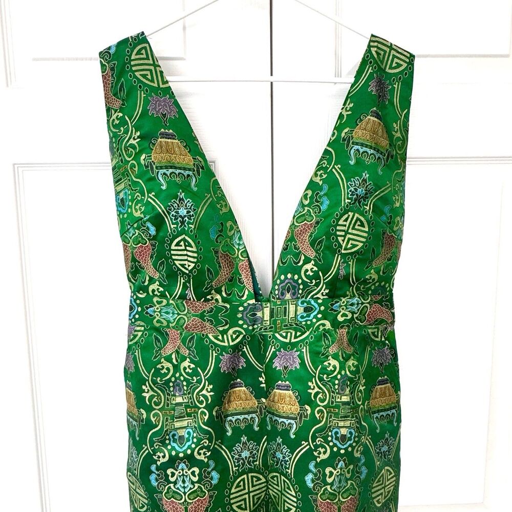 Rare Mad Alma Green Satin Jumpsuit Deep Plunge Neck Boho Resort Festival Large - Picture 3 of 10
